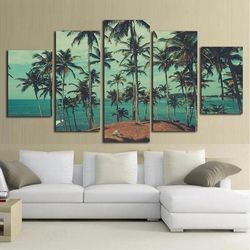 Beach Palm Trees Island Nature 5 Pieces Canvas Wall Art, Large Framed 5 Panel Canvas Wall Art