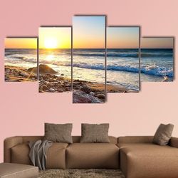 beautiful seascape during sundown nature 5 pieces canvas wall art, large framed 5 panel canvas wall art