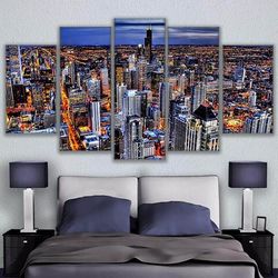 busy night in hong kong city landscape nature 5 pieces canvas wall art, large framed 5 panel canvas wall art