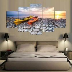 canoeing landscape mural nature 5 pieces canvas wall art, large framed 5 panel canvas wall art
