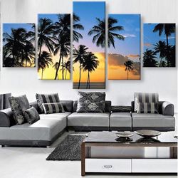 Coconut Trees At The Beach 1 Nature 5 Pieces Canvas Wall Art, Large Framed 5 Panel Canvas Wall Art