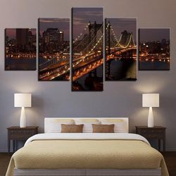 decor manhattan bridge new york city night landscape nature 5 pieces canvas wall art, large framed 5 panel canvas wall a