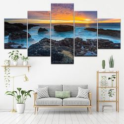 decors blue sea seaside reef sunset seascape nature 5 pieces canvas wall art, large framed 5 panel canvas wall art
