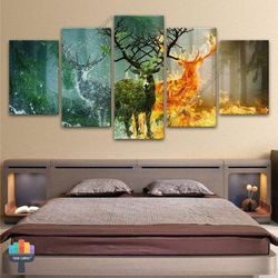 Deer Animal Elk Fire Fantasy Nature Abstract Animal 5 Pieces Canvas Wall Art, Large Framed 5 Panel Canvas Wall Art