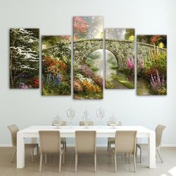 Fairy Land With Bridge Landscape Nature 5 Pieces Canvas Wall Art, Large Framed 5 Panel Canvas Wall Art