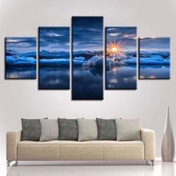 Glaciers And Lakes Sunshine 2 Nature 5 Pieces Canvas Wall Art, Large Framed 5 Panel Canvas Wall Art