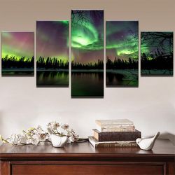 Green Forest Aurora Nature 5 Pieces Canvas Wall Art, Large Framed 5 Panel Canvas Wall Art
