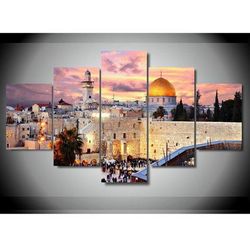 jerusalem al aqsa mosque beautiful landscape nature 5 pieces canvas wall art, large framed 5 panel canvas wall art