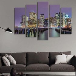 lower manhattan skyline from across the east river new york city nature 5 pieces canvas wall art, large framed 5 panel c