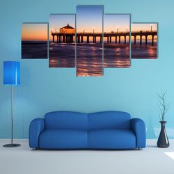 manhattan beach pier at sunset nature 5 pieces canvas wall art, large framed 5 panel canvas wall art
