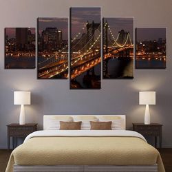 manhattan bridge new york city night cityscape nature 5 pieces canvas wall art, large framed 5 panel canvas wall art