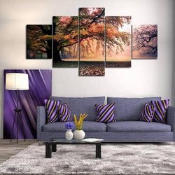 misty fall walk nature 5 pieces canvas wall art, large framed 5 panel canvas wall art