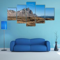Mountain Landscape In Iceland Nature 5 Pieces Canvas Wall Art, Large Framed 5 Panel Canvas Wall Art