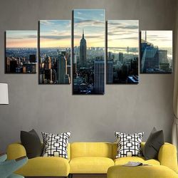 new york city manhattan skyline 02 nature 5 pieces canvas wall art, large framed 5 panel canvas wall art