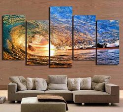 ocean sea wave sunset seascape 1 nature 5 pieces canvas wall art, large framed 5 panel canvas wall art