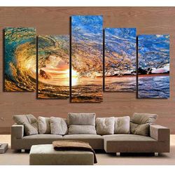 ocean sea wave sunset seascape 2 nature 5 pieces canvas wall art, large framed 5 panel canvas wall art