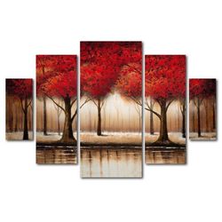 Parade Of Red Tree Landscape Nature 5 Pieces Canvas Wall Art, Large Framed 5 Panel Canvas Wall Art