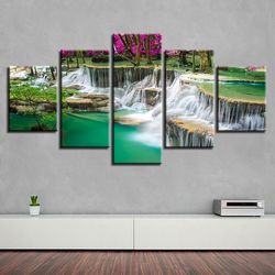 Purple Tree Waterfall Nature 5 Pieces Canvas Wall Art, Large Framed 5 Panel Canvas Wall Art