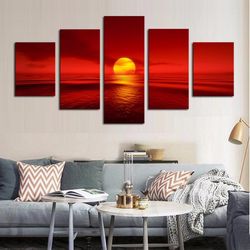 red sunset seascape nature 5 pieces canvas wall art, large framed 5 panel canvas wall art
