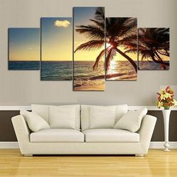 Sunset Palm Nature 5 Pieces Canvas Wall Art, Large Framed 5 Panel Canvas Wall Art