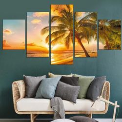 sunset seascape beach coconut tree nature 5 pieces canvas wall art, large framed 5 panel canvas wall art