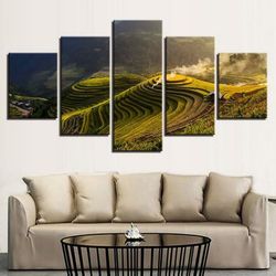 Rice Paddies Terraced Nature 5 Pieces Canvas Wall Art, Large Framed 5 Panel Canvas Wall Art