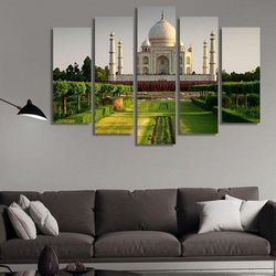 Taj Mahal Agra India Nature 5 Pieces Canvas Wall Art, Large Framed 5 Panel Canvas Wall Art