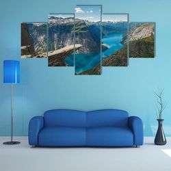 Trolls Tongue Rock Above Lake Ringedalsvatnet Nature 5 Pieces Canvas Wall Art, Large Framed 5 Panel Canvas Wall Art