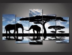 african landscape elephant silhouette animal 5 pieces canvas wall art, large framed 5 panel canvas wall art