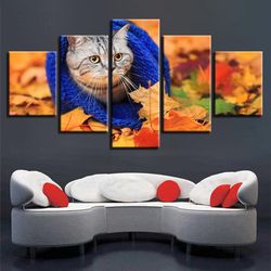 cat leaves fall animal 5 pieces canvas wall art, large framed 5 panel canvas wall art