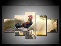Chicken At Dawn Animal 5 Pieces Canvas Wall Art, Large Framed 5 Panel Canvas Wall Art