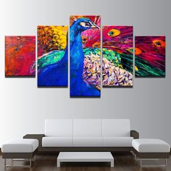 Color Abstract Peacock Peafowl Animal 5 Pieces Canvas Wall Art, Large Framed 5 Panel Canvas Wall Art