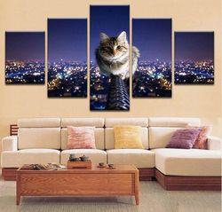 cute cat and city canvas home decor cats cute animal 5 pieces canvas wall art, large framed 5 panel canvas wall art