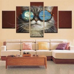 cute cat eyeglasses canvas home decor cats cute animal 5 pieces canvas wall art, large framed 5 panel canvas wall art