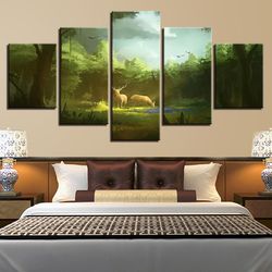 Deer Couple In The Forest Sunshine Animal 5 Pieces Canvas Wall Art, Large Framed 5 Panel Canvas Wall Art