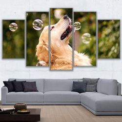 Dog Playing With Bubbles Animal 5 Pieces Canvas Wall Art, Large Framed 5 Panel Canvas Wall Art