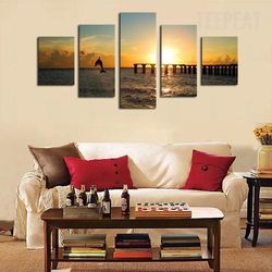 dolphin before the sunset seascape animal 5 pieces canvas wall art, large framed 5 panel canvas wall art