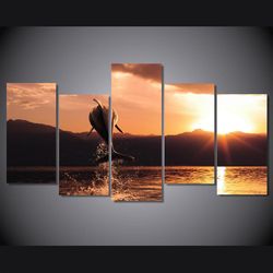 dolphin sunset seascape animal 5 pieces canvas wall art, large framed 5 panel canvas wall art