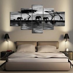 elephant walk animal 5 pieces canvas wall art, large framed 5 panel canvas wall art