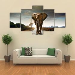 elephant walking animal 5 pieces canvas wall art, large framed 5 panel canvas wall art