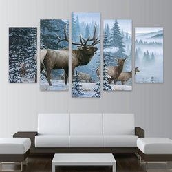 Elk Family In Snow Pine Tree Landscape Fashion Deer Animal 5 Pieces Canvas Wall Art, Large Framed 5 Panel Canvas Wall Ar