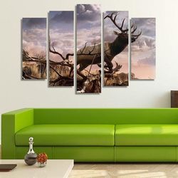 Elk Running Animal 5 Pieces Canvas Wall Art, Large Framed 5 Panel Canvas Wall Art