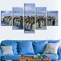 penguins snow canvas home decor penguin birds animal 5 pieces canvas wall art, large framed 5 panel canvas wall art