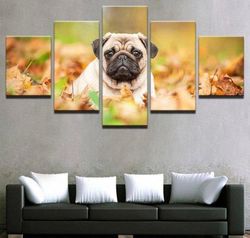 pug dog canvas home decor lovely pug animal 5 pieces canvas wall art, large framed 5 panel canvas wall art
