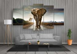 the walking elephant animal 5 pieces canvas wall art, large framed 5 panel canvas wall art