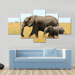 walking african elephants animal 5 pieces canvas wall art, large framed 5 panel canvas wall art