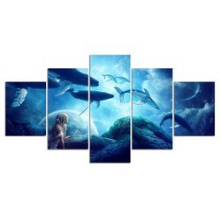 Whale Planet Clouds Water Blue Animal 5 Pieces Canvas Wall Art, Large Framed 5 Panel Canvas Wall Art