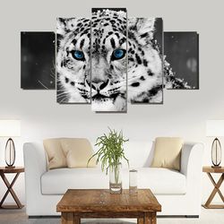 White Leopard And Itsy Blue Eyes Animal 5 Pieces Canvas Wall Art, Large Framed 5 Panel Canvas Wall Art