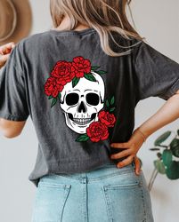 Skull And Red Roses Oversized Vintage T-Shirt, Skull Shirt, Halloween Shirt