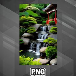 Asian PNG Zen Waterfall and Pagoda Beautiful Scene Asian Country Culture PNG For Sublimation Print Transparent For Appar